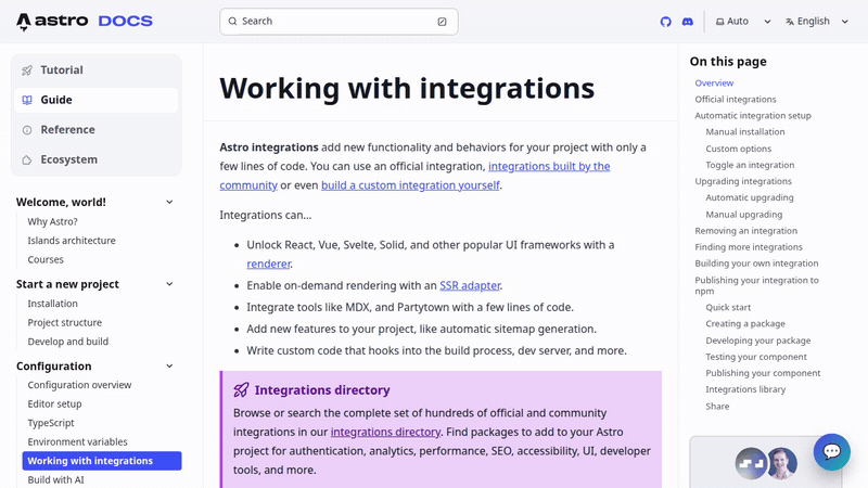 The DeskCrew AI support widget opening on an Astro documentation site and answering a visitor question about adding live chat