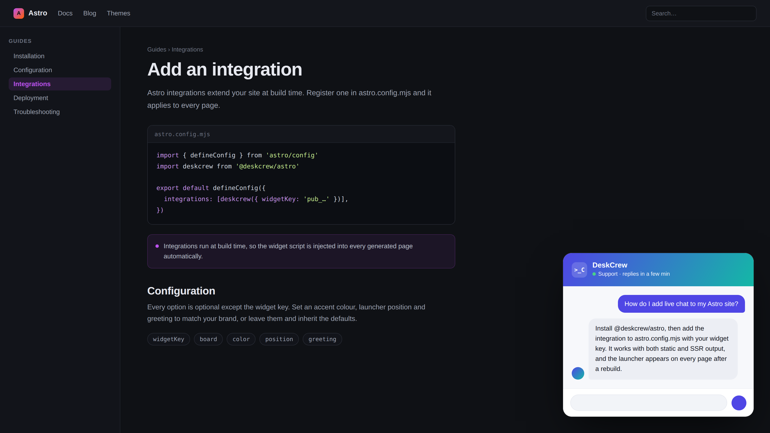 The DeskCrew AI support widget open on an Astro documentation site, answering a visitor question about adding live chat