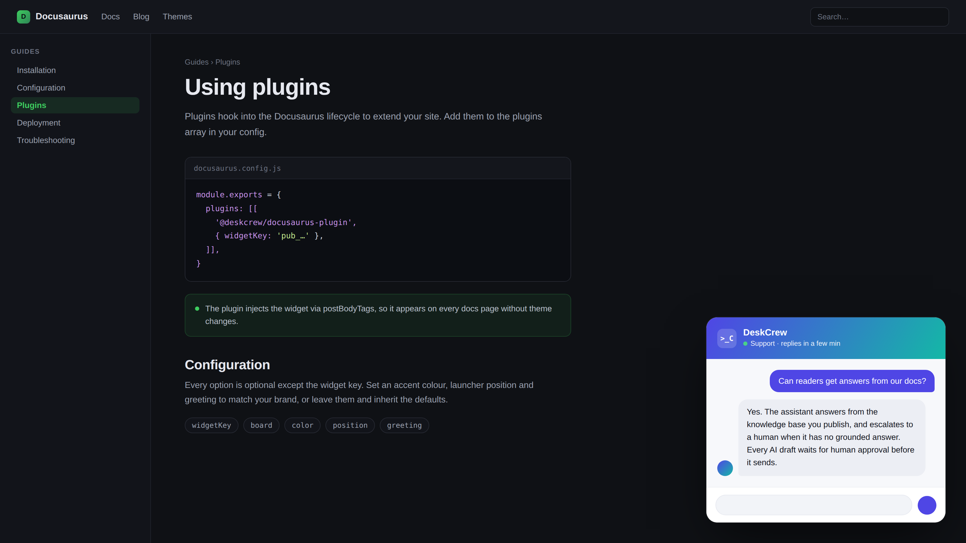 The DeskCrew AI support widget open on a Docusaurus documentation site, answering a reader question from the knowledge base